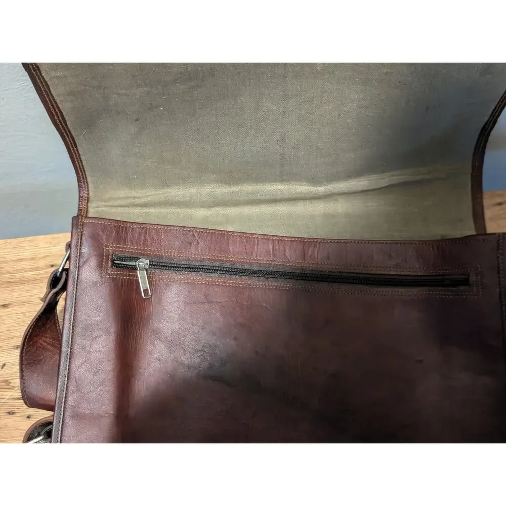 Brown No Fabric Content Canvas Lined Shoulder Strap Brief Bag